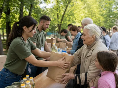 Волонтерка передає продуктовий набір літній жінці та дитині